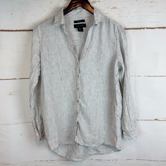 Tahari | 100% Linen Striped Button Down Shirt, S - Picture 2 of 8
